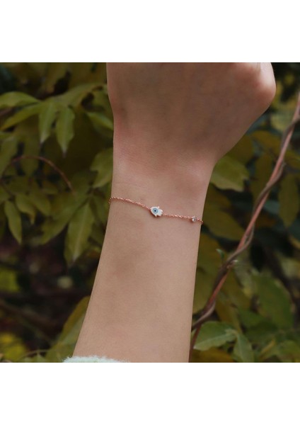 Fatma Ana El Figürlü Zirkon Taşlı Mine İşli Rose Gold Kaplama Gümüş Bileklik