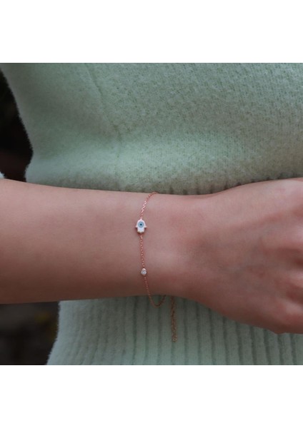 Fatma Ana El Figürlü Zirkon Taşlı Mine İşli Rose Gold Kaplama Gümüş Bileklik