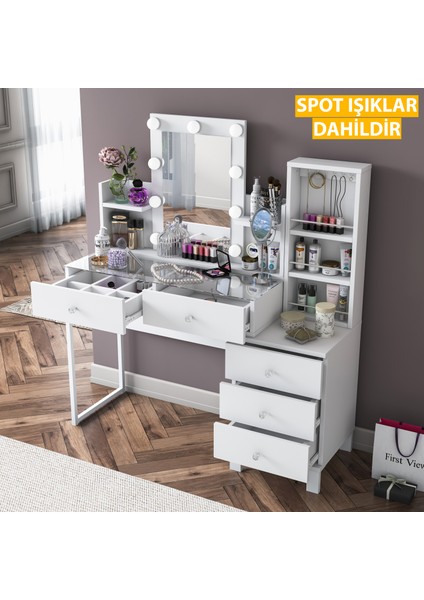 BJ153 Hollywood Işıklı Aynalı Kulis Makyaj Masası Cam Tablalı 5 Çekmeceli Takı Düzenleyici Beyaz