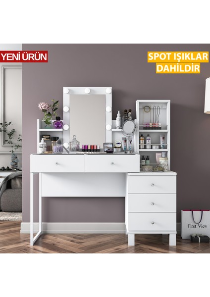 BJ153 Hollywood Işıklı Aynalı Kulis Makyaj Masası Cam Tablalı 5 Çekmeceli Takı Düzenleyici Beyaz