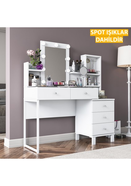 BJ153 Hollywood Işıklı Aynalı Kulis Makyaj Masası Cam Tablalı 5 Çekmeceli Takı Düzenleyici Beyaz