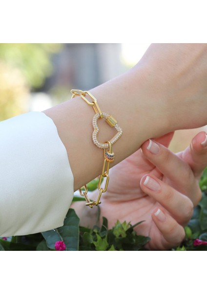 Kalp Apm Zirkon Taşlı Gold Gümüş Bileklik