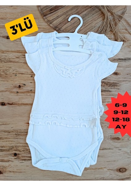 Ekru 3'lü Kısa Kollu Kız Bebek Body Pamuklu Çıtçıtlı Zıbın Atlet Yenidoğan 6-9/9-12/12-18AY