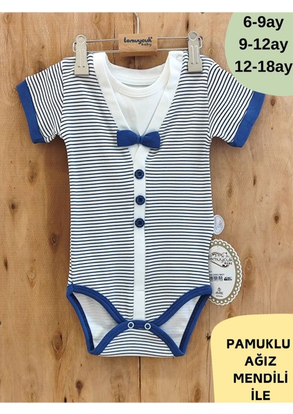 Erkek Bebek Body Çizgili Papyonlu Çıtçıtlı Kısa Kollu Şık Bebek Zıbın Yazlık Pamuklu