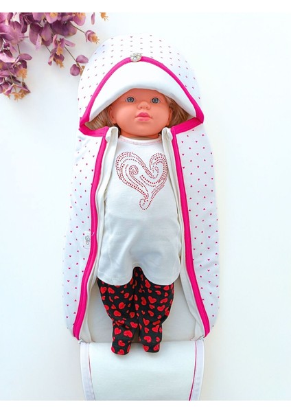 Kedili Çift Fermuarlı Kız Bebek Kundak Pembe