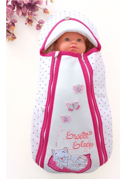 Kedili Çift Fermuarlı Kız Bebek Kundak Pembe