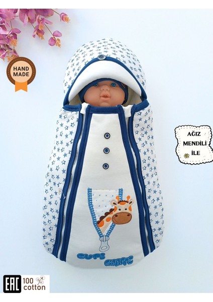 Zürafalı Çift Fermuarlı Erkek Bebek Penye Kundak Lacivert