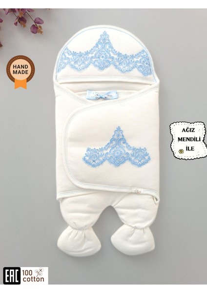 Fistolu Lüks Erkek Bebek Ayaklı Kundak Ekru-Mavi