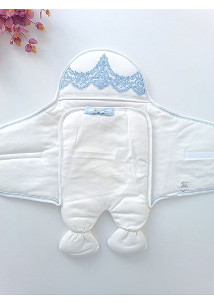 Fistolu Lüks Erkek Bebek Ayaklı Kundak Ekru-Mavi