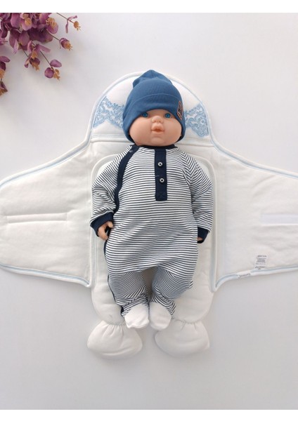 Fistolu Lüks Erkek Bebek Ayaklı Kundak Ekru-Mavi
