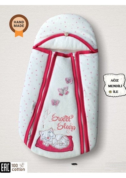 Kedili Çift Fermuarlı Kız Bebek Kadife Kundak Pembe