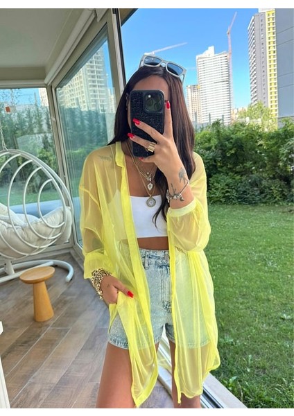 Sarı Oversize Tül Gömlek Pareo