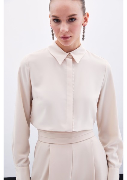 Boncuk Aksesuarlı Gömlek - Bej indirimleri