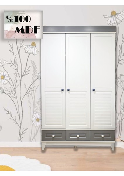 Mdf Stella Gri Beyaz 3 Kapılı Bebek & Çocuk Gardırop