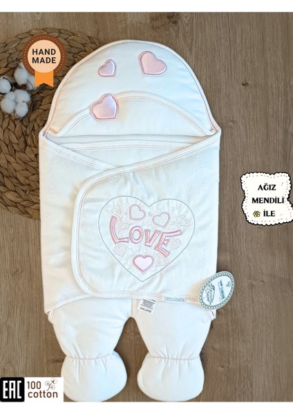 Lüks Love Lanswel Kız Bebek Ayaklı Kundak Ekru-Pembe