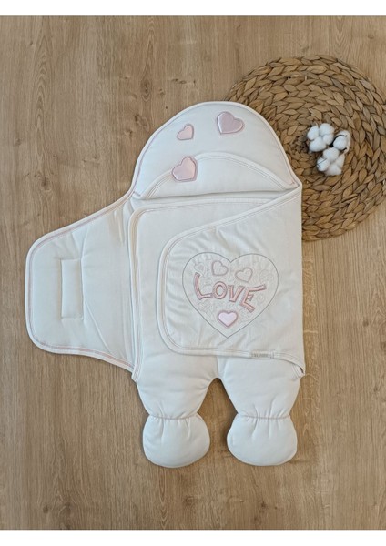 Lüks Love Lanswel Kız Bebek Ayaklı Kundak Ekru-Pembe