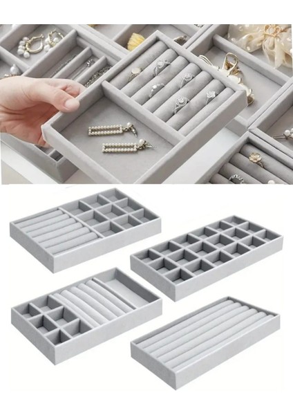 4 Parça Lüks Takı Aksesuar Düzenleyici Kadife Kutu Çok Amaçlı Çekmece Içi Organizer 21 cm x 12 cm