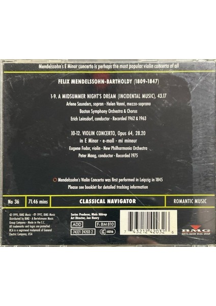 (Plak Değildir CD Dir) CD Mendelssohn Violin Concerto No 36 CD fiyatları