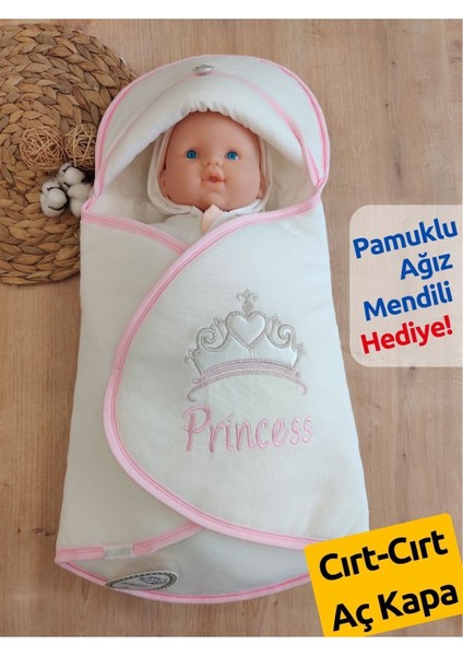 Çizgi Efektli Princess Kız Bebek Klasik Kundak Ekru-Pembe