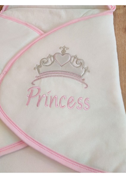 Çizgi Efektli Princess Kız Bebek Klasik Kundak Ekru-Pembe