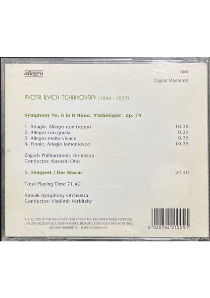(Plak Değildir CD Dir) CD Tchaikowsky Sypmphony No.6 Pathetique CD fiyatları