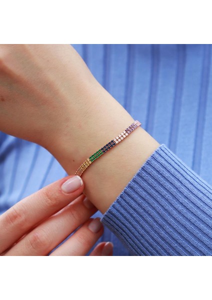 2 Sıra Renkli Zirkon Taşlı Ince Rose Gold Kaplama Su Yolu Gümüş Bileklik