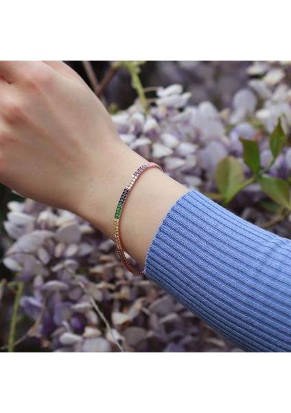 2 Sıra Renkli Zirkon Taşlı Ince Rose Gold Kaplama Su Yolu Gümüş Bileklik