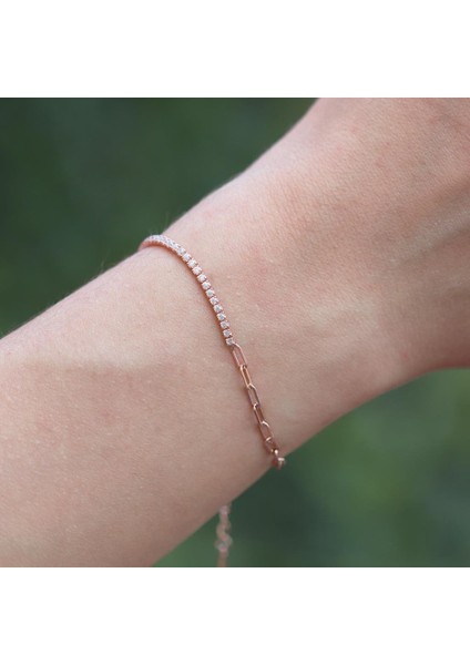 Rose Gold Kaplama Yarım Su Yolu Zincirli Gümüş Bileklik