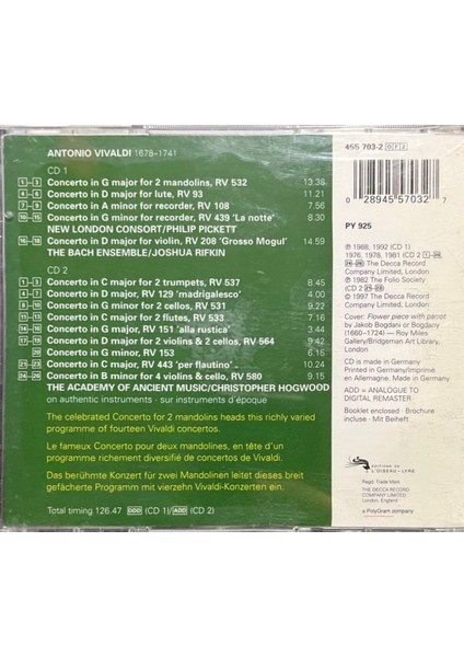(Plak Değildir CD Dir) CD Vivaldi Concerto For 2 Mandolins Double CD fiyatları