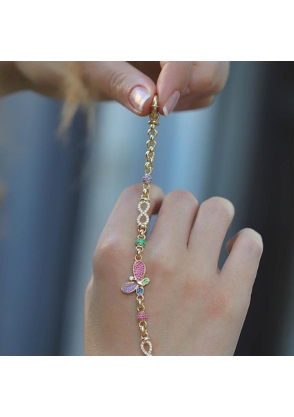 Gold Kaplama Renkli Zirkon Taşlı Kelebek ve Sonsuzluk Taşlı 925 Ayar Gümüş Hallow Bileklik