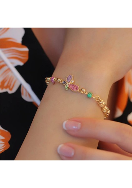 Gold Kaplama Renkli Zirkon Taşlı Kelebek ve Sonsuzluk Taşlı 925 Ayar Gümüş Hallow Bileklik fiyatları