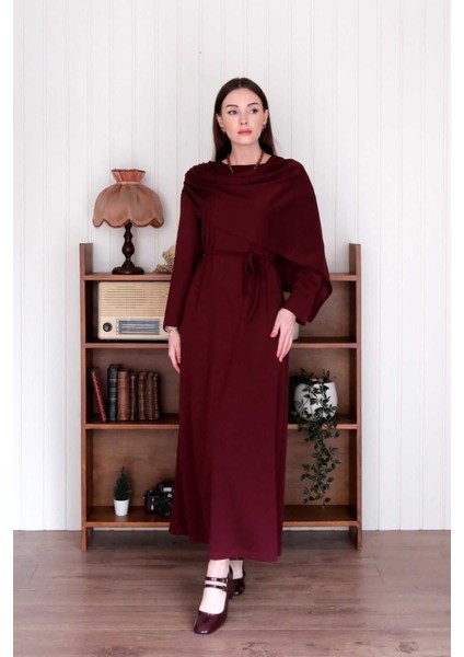 Bordo Şal Yaka Elbise