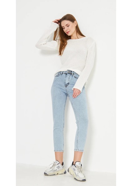 Mavi Kar Yıkama Mom Jeans Likralı Yüksek Bel Pantolon Ekstra Rahat