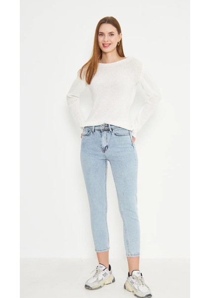 Mavi Kar Yıkama Mom Jeans Likralı Yüksek Bel Pantolon Ekstra Rahat fırsatları