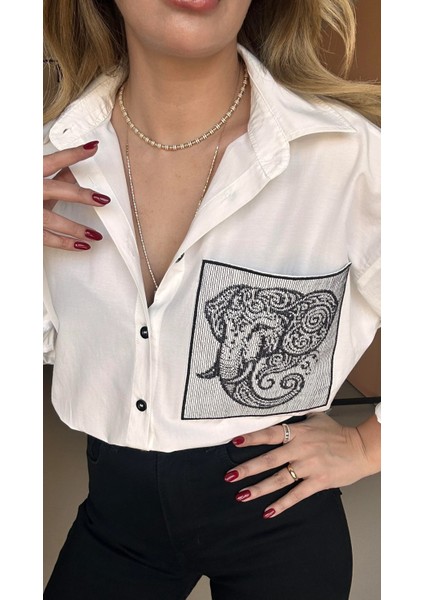 Bebe Plus Kadın Fill Işlemeli Oversize Gömlek