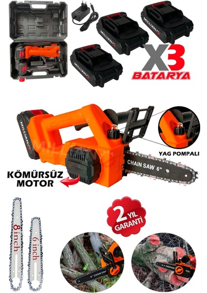 Kömürsüz Motor Yağ Pompalı Dal Budama Testeresi ''3 Bataryalı'' Çift Pala Akülü Ağaç Kesme Makinesi