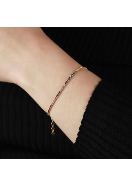 Rainbow Zirkon Taşlı Rose Gold Kaplama Gümüş Su Yolu Bileklik