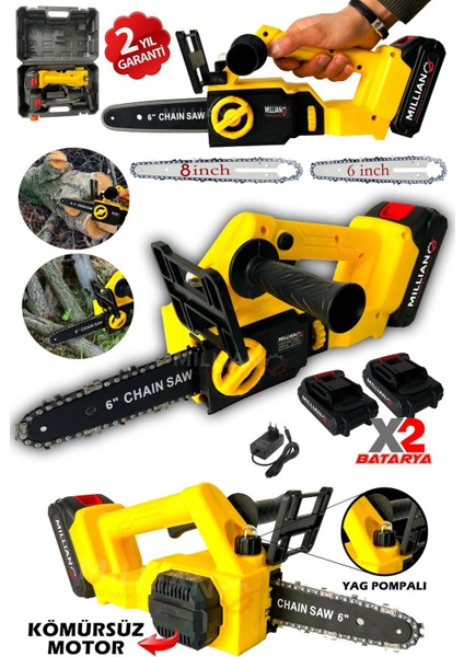 Kömürsüz Motor Yağ Pompalı Dal Budama Testeresi Çift Bataryalı Çift Palalı Akülü Ağaç Kesme Makinesi