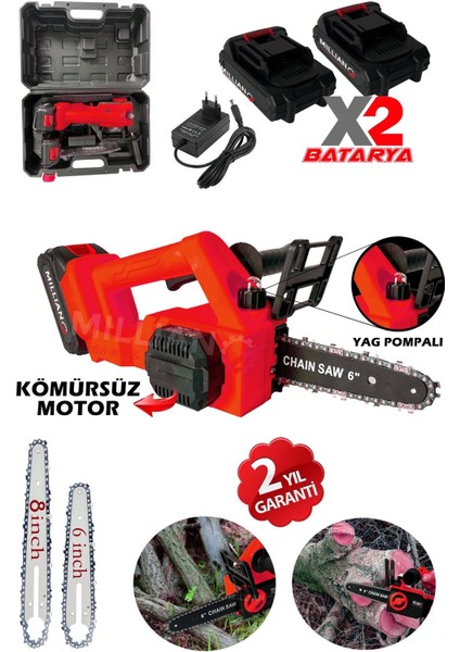 Kömürsüz Motor Yağ Pompalı Dal Budama Testeresi Çift Bataryalı Çift Palalı Akülü Ağaç Kesme Makinesi