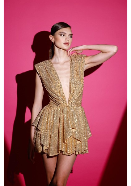 Gold Payetli Kolsuz Mini Elbise