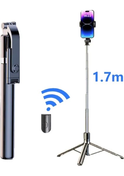 Uzaktan Kumandalı 1,7m Büyük Boy Tripod Pro Selfie Çubuğu Yatay ve Dikey 360° Döndürülebilir Tutucu R1S-L