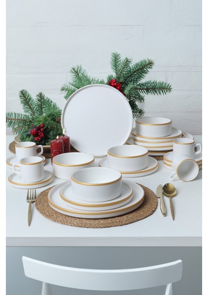 Mat Beyaz Gold Fileli Stackable Yemek / Kahvaltı Takımı 20 Parça 4 Kişilik