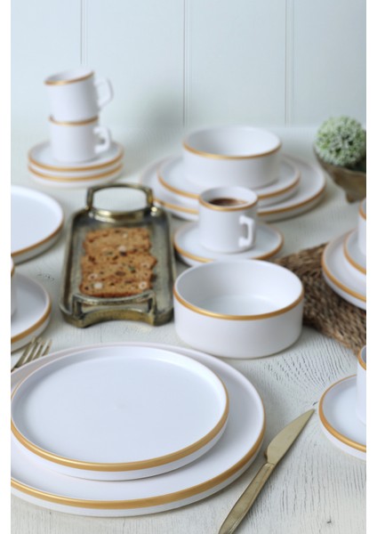Mat Beyaz Gold Fileli Stackable Yemek / Kahvaltı Takımı 20 Parça 4 Kişilik