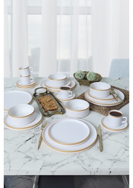Mat Beyaz Gold Fileli Stackable Yemek / Kahvaltı Takımı 20 Parça 4 Kişilik