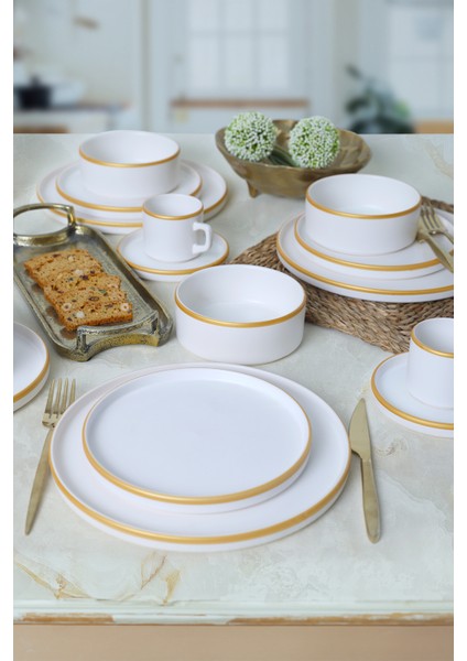 Mat Beyaz Gold Fileli Stackable Yemek / Kahvaltı Takımı 20 Parça 4 Kişilik