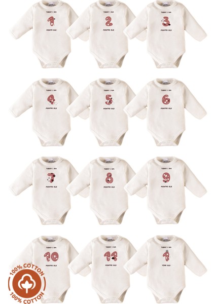 Unisex Bebek %100 Organik Pamuklu Aylık Baskılı 0-1 Yaş Uzun Kollu 12LI Bebek Body Zıbın Hediye Seti