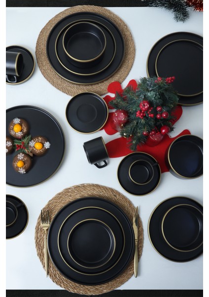 Mat Siyah Gold Fileli Stackable Yemek / Kahvaltı Takımı 20 Parça 4 Kişilik