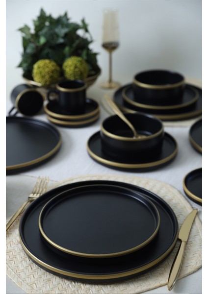 Mat Siyah Gold Fileli Stackable Yemek / Kahvaltı Takımı 20 Parça 4 Kişilik