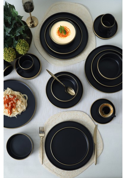 Mat Siyah Gold Fileli Stackable Yemek / Kahvaltı Takımı 20 Parça 4 Kişilik