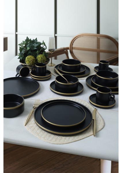Mat Siyah Gold Fileli Stackable Yemek / Kahvaltı Takımı 20 Parça 4 Kişilik